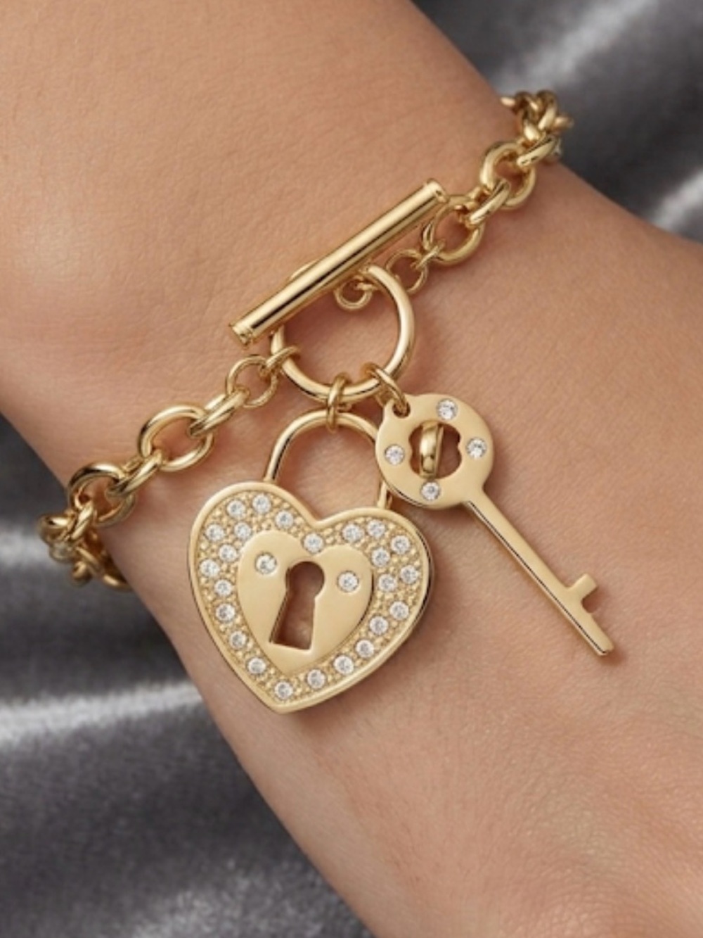 Gold Heart Lock & Key Charm Bracelet - Women Jewelry